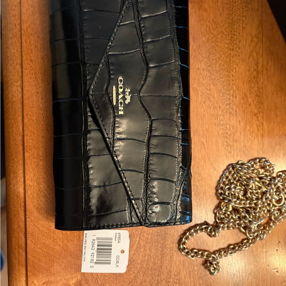 Coach Black Leather Clutch with Gold Chain